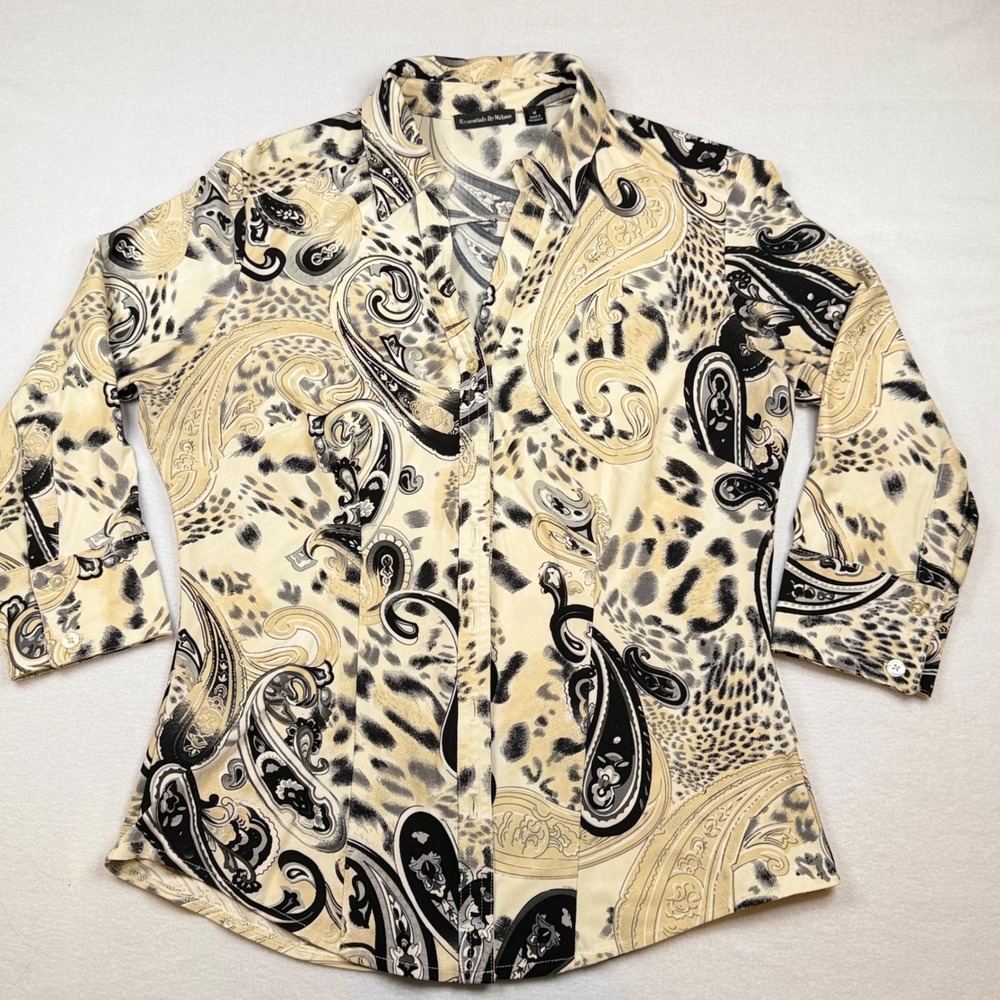 Essentials By Milano Women Paisley Leopard Print Button Down Top Cream Tan M